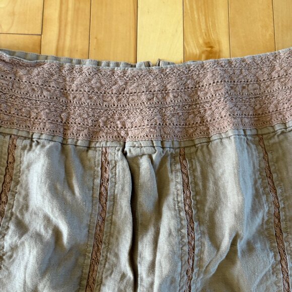 Vintage 90s Y2K Linen Embroidered Boho Midi Peasant Skirt Brown Western - Picture 3 of 13